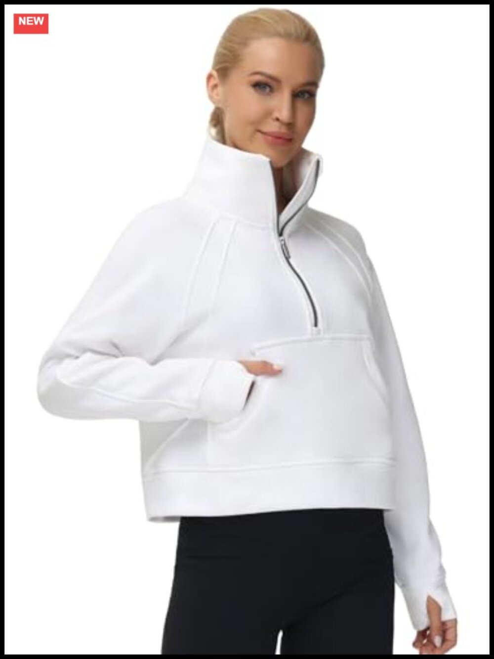 Women's Half Zip Fleece Pullover Crop Sweatshirt Stand Collar Kangaroo Pocket